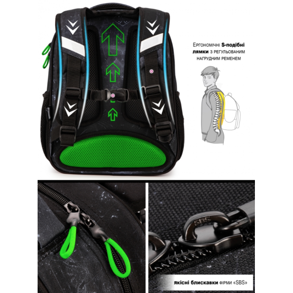 Школьный рюкзак для мальчиков черно-серый с зеленым. Школьный рюкзак для мальчиков черно-серый с зеленым.