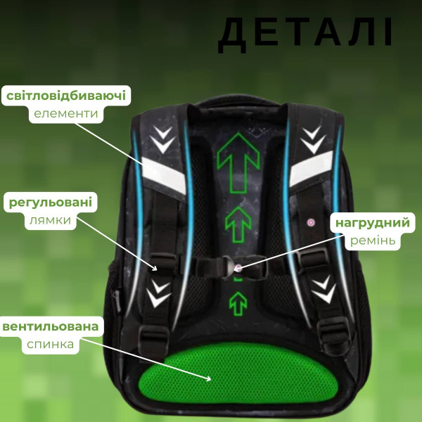 Школьный рюкзак для мальчиков черно-серый с зеленым. Школьный рюкзак для мальчиков черно-серый с зеленым.