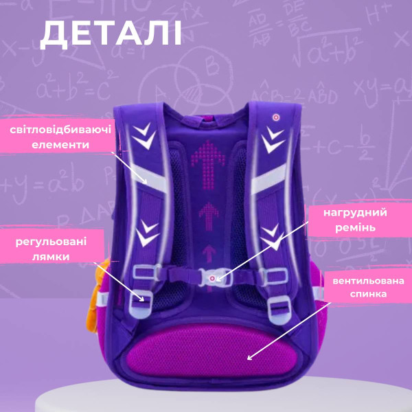 Рюкзак для дівчинки 1-4 клас, R3-241, ортопедична спинка Winner One/SkyName 30*18*38 см фіолетовий з бірюзовим