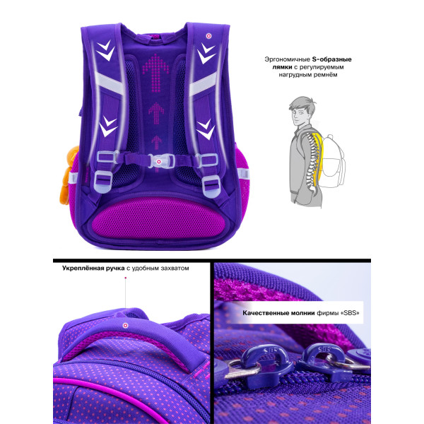 Рюкзак для дівчинки 1-4 клас, R3-241, ортопедична спинка Winner One/SkyName 30*18*38 см фіолетовий з бірюзовим