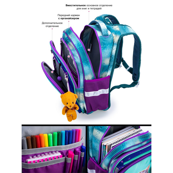 Школьный рюкзак для девочки, 1-4 класс, ортопедическая спинка, бирюзовый