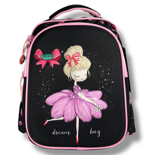 Каркасный школьный рюкзак для девочек 6-9 лет, черный, вместительный и легкий, принт Балерина Каркасный школьный рюкзак для девочек 6-9 лет, черный, вместительный и легкий, принт Балерина