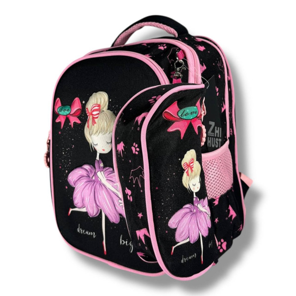 Каркасный школьный рюкзак для девочек 6-9 лет, черный, вместительный и легкий, принт Балерина Каркасный школьный рюкзак для девочек 6-9 лет, черный, вместительный и легкий, принт Балерина