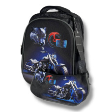 Школьный рюкзак для мальчиков 6–9 лет, черный, в комплекте с пеналом, принт Мотоцикл, водонепроницаемый