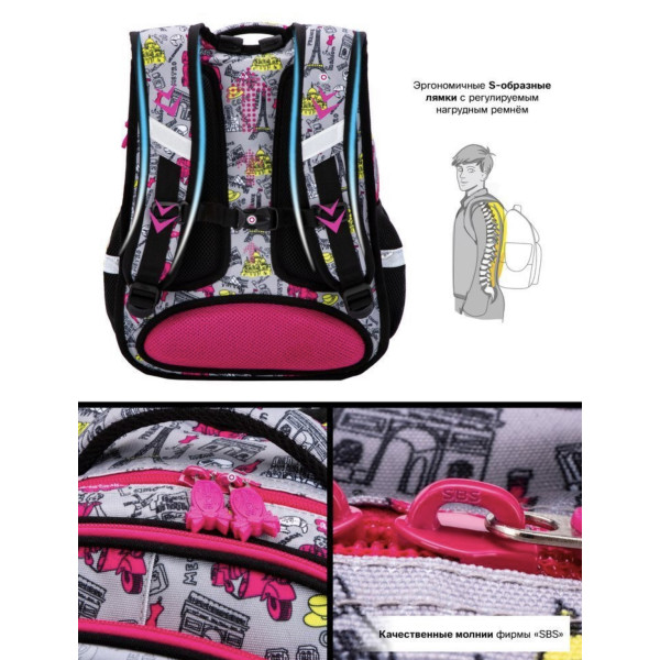 Школьный рюкзак Sky Name (Winner) для девочки, водоотталкивающая ткань, серый с розовым Школьный рюкзак Sky Name (Winner) для девочки, водоотталкивающая ткань, серый с розовым