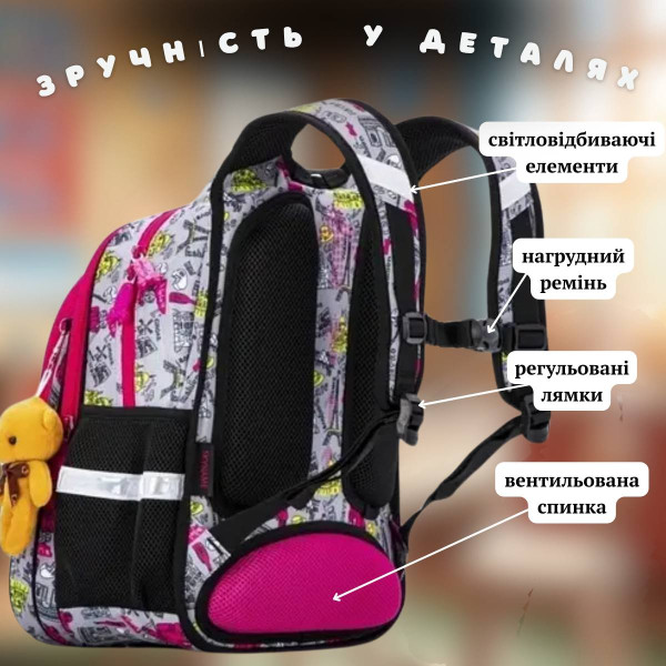 Школьный рюкзак Sky Name (Winner) для девочки, водоотталкивающая ткань, серый с розовым Школьный рюкзак Sky Name (Winner) для девочки, водоотталкивающая ткань, серый с розовым