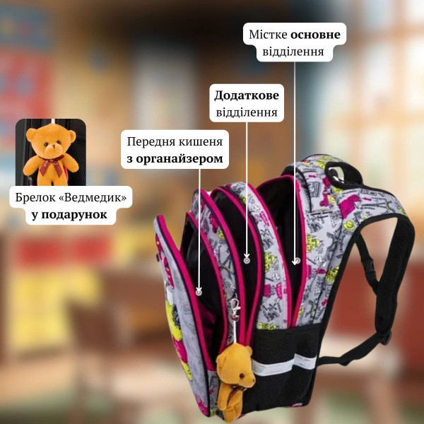 Школьный рюкзак Sky Name (Winner) для девочки, водоотталкивающая ткань, серый с розовым Школьный рюкзак Sky Name (Winner) для девочки, водоотталкивающая ткань, серый с розовым