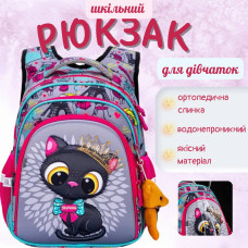 Школьный рюкзак Sky Name (Winner) для девочки, водоотталкивающая ткань, серый, принт Котик