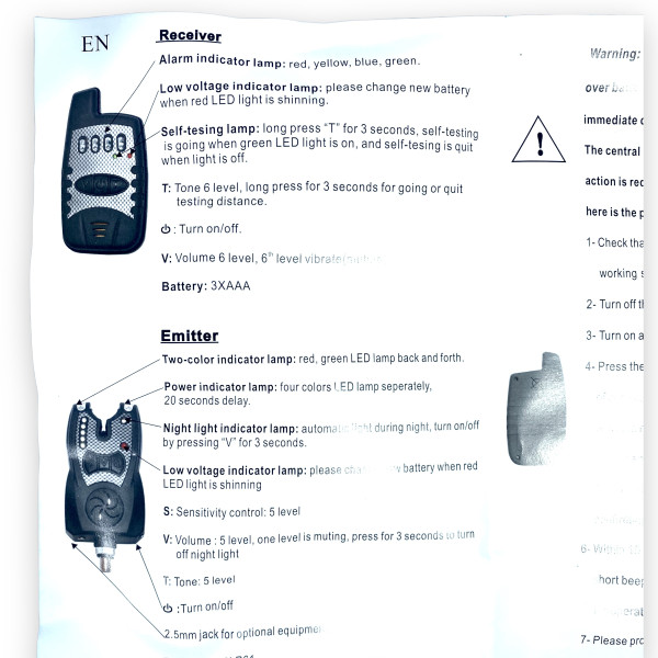 Набор сигнализаторов с пейджером JHA-521/4 для рыбака 4+1 в кейсе, регулировка звука, тона световой индикатор