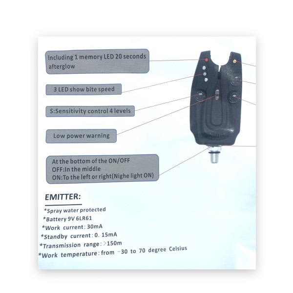 Набор сигнализаторов с пейджером JHA-522/4 для рыбака 4+1 в кейсе, регулировка звука тона световая индикация