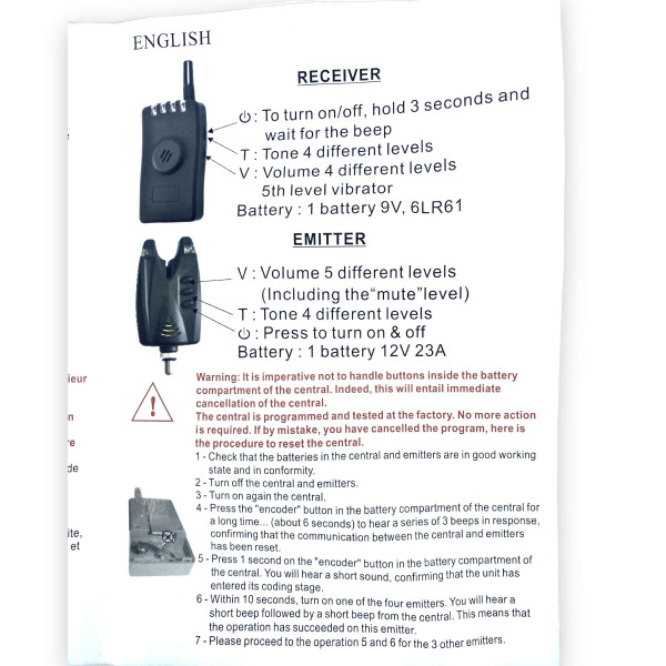 Набор сигнализаторов с пейджером JHA-523/4 для рыбака 4+1 в кейсе, регулировка звука, тона световой индикатор