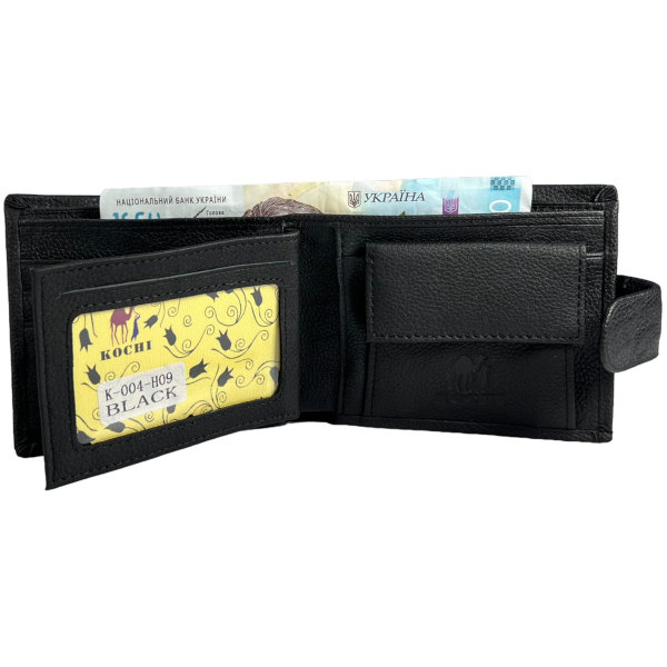 Чоловічий гаманець шкіряний з 3 відділами для купюр, чорний