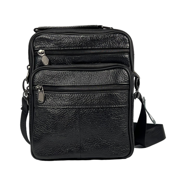 Мужская кожаная функциональная сумка через плечо, 4 отделения, черная