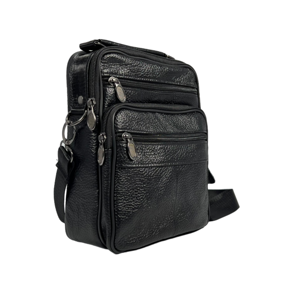 Мужская кожаная функциональная сумка через плечо, 4 отделения, черная