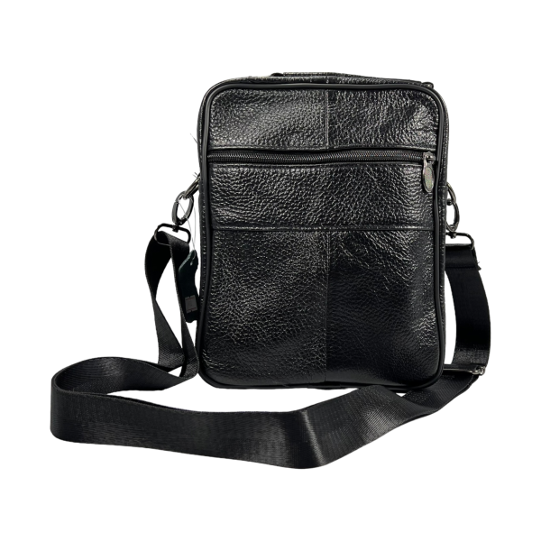 Мужская кожаная функциональная сумка через плечо, 4 отделения, черная