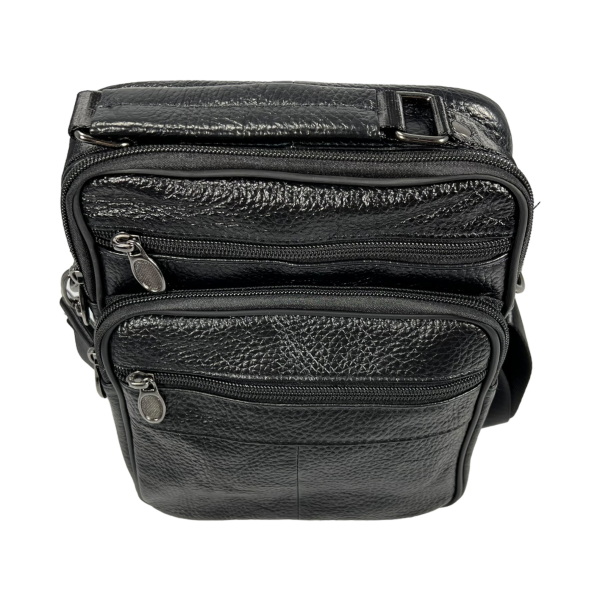 Мужская кожаная функциональная сумка через плечо, 4 отделения, черная
