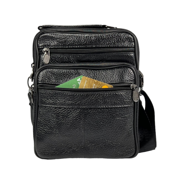 Мужская кожаная функциональная сумка через плечо, 4 отделения, черная