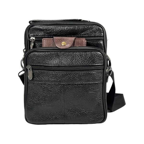 Мужская кожаная функциональная сумка через плечо, 4 отделения, черная