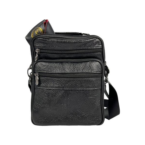 Мужская кожаная функциональная сумка через плечо, 4 отделения, черная
