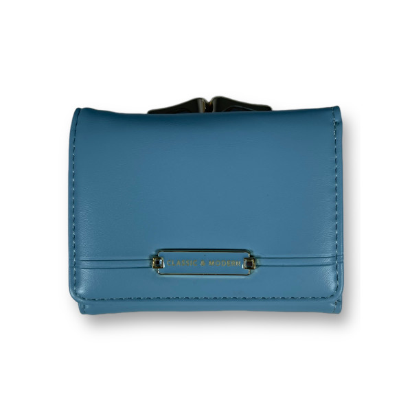 Стильный женский кошелек из экокожи, голубой, с кнопочной застежкой.