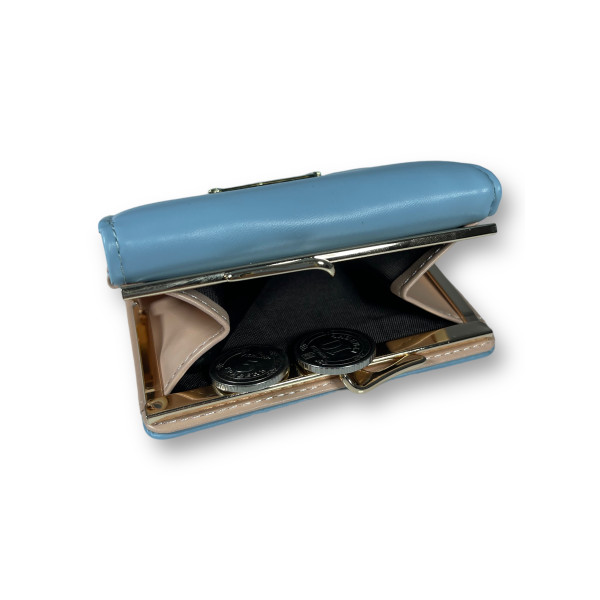 Стильный женский кошелек из экокожи, голубой, с кнопочной застежкой.