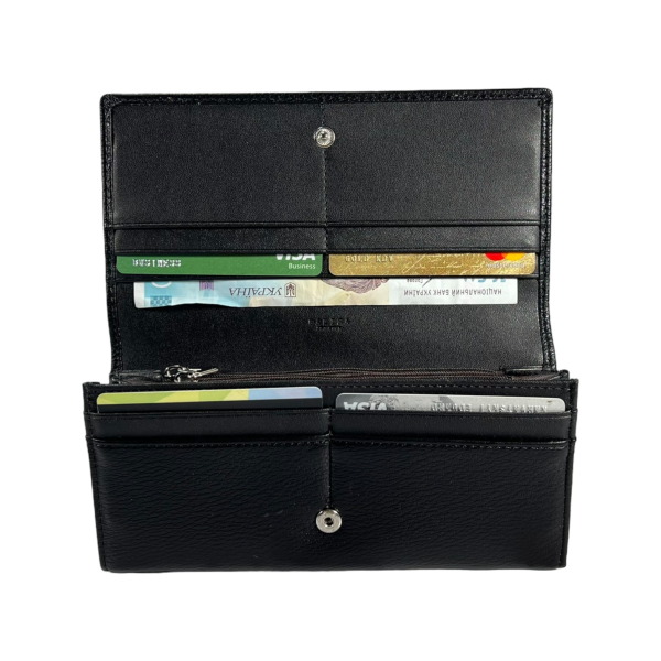 Классический женский кошелек из экокожи, черный, с кнопочной застежкой Классический женский кошелек из экокожи, черный, с кнопочной застежкой